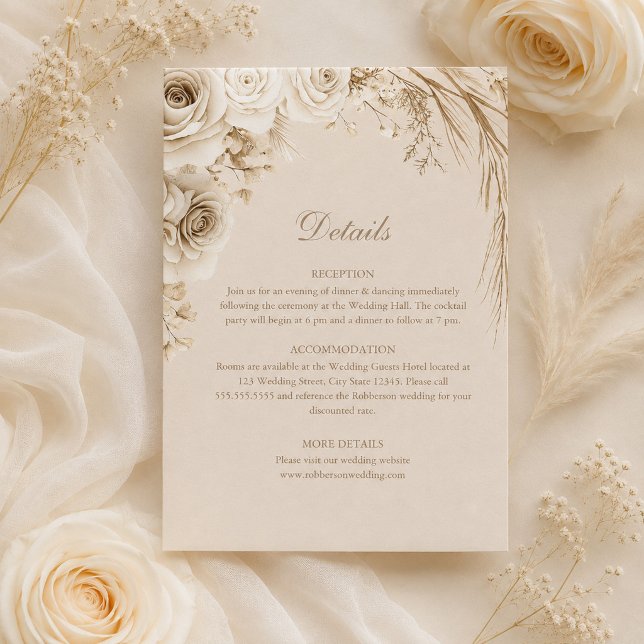Beige Dried Flowers Wedding Details Card (Beige Dried Flowers Wedding Details Card with ivory roses)