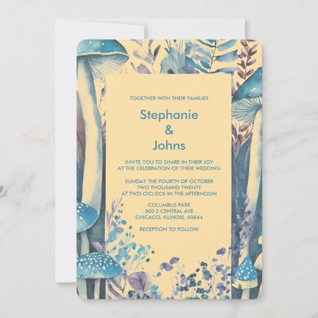 Beige Dusty Blue Art Woodland Mushroom Wedding Invitation (Front)