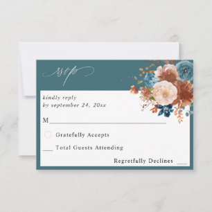 Beige & Dusty Blue Floral no Meal RSVP 2 - Teal Card