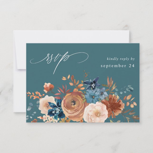 Beige & Dusty Blue Floral w Meal RSVP - Teal Card (Front)