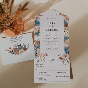 Beige & Dusty Blue Floral Wedding All In One Invitation