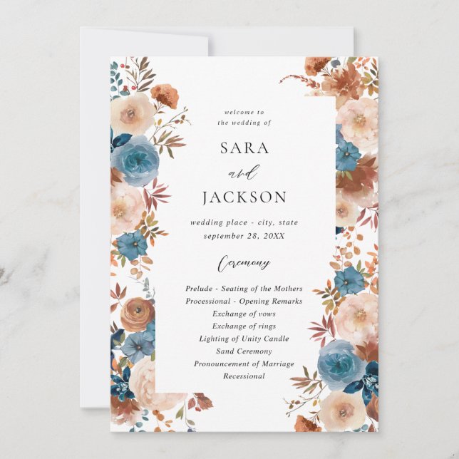 Beige & Dusty Blue Floral Wedding Ceremony Program (Front)