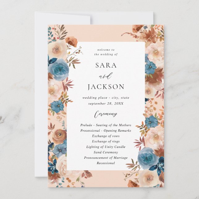 Beige & Dusty Blue Floral Wedding Program - Beige (Front)