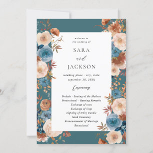 Beige & Dusty Blue Floral Wedding Program - Teal