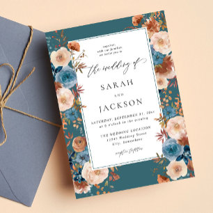 Beige & Dusty Blue Floral Wedding S2 - Teal Invitation