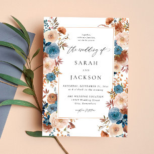 Beige & Dusty Blue Floral Wedding S2 - w Beige LN Invitation