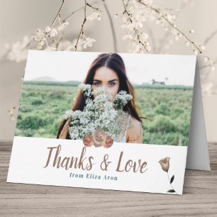 Beige, Dusty Rose Botanical Photo Thank You Card