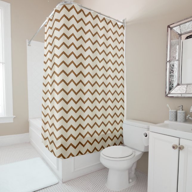 Beige & Earthy Brown Zigzag Pattern Shower Curtain (In Situ)