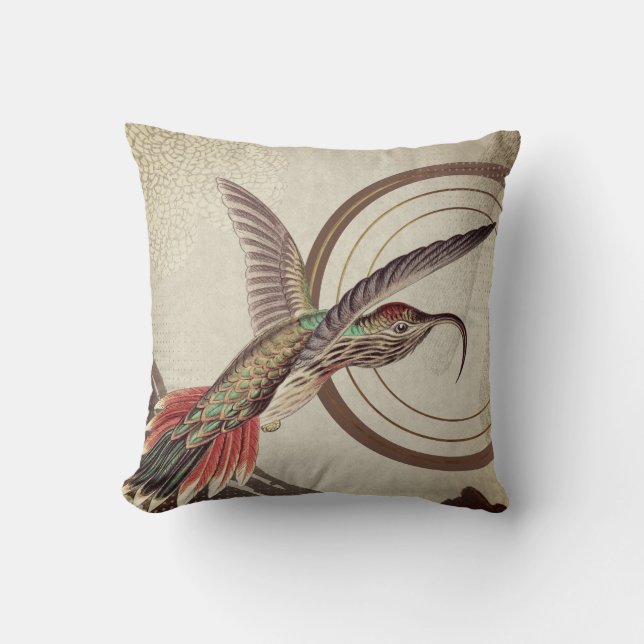 Beige Earthy Hummingbird | Ernst Haeckel Inspired Cushion (Front)