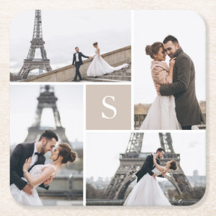 Beige Elegant 4 Photo Gallery and Monogram Square Paper Coaster