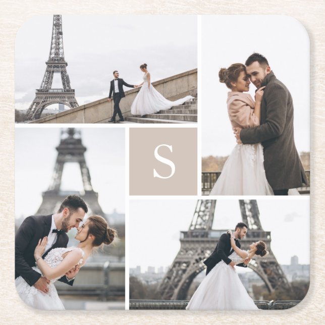 Beige Elegant 4 Photo Gallery and Monogram Square Paper Coaster (Front)
