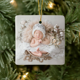 Beige Elegant Calligraphy My First Christmas Photo Ceramic Ornament