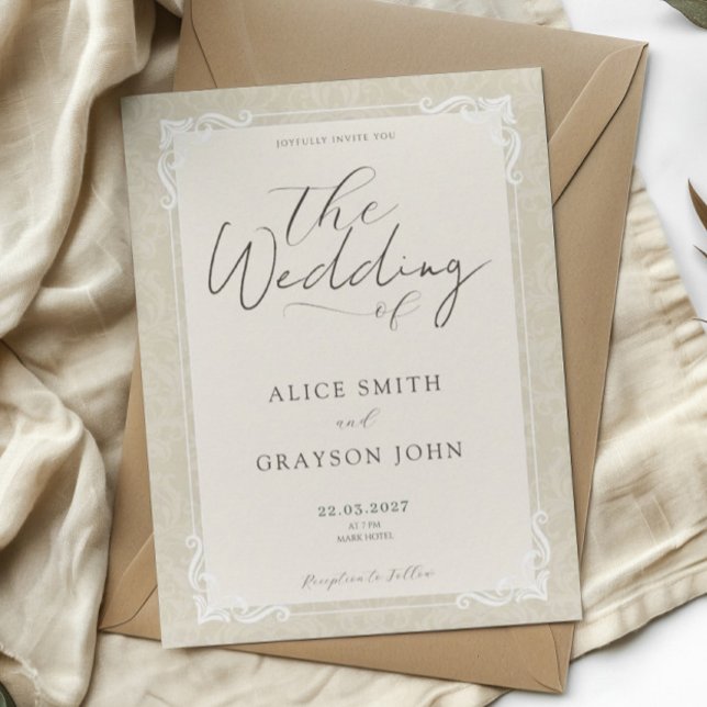 Beige Elegant Classic Script Vintage Wedding Invitation (Creator Uploaded)