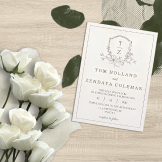 Beige Elegant Floral Monogram Wedding Invitation