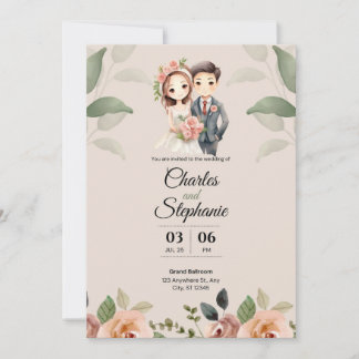 Beige elegant illustrative floral wedding  invitation