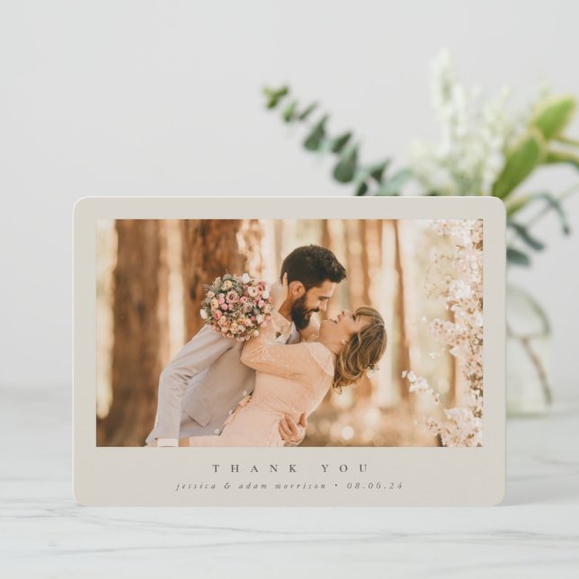Beige Elegant Minimal Single Photo Wedding Thank You Card (Standing Front)