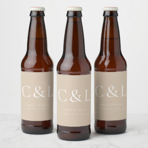 Beige Elegant Minimalist Wedding Monogram  Beer Bottle Label
