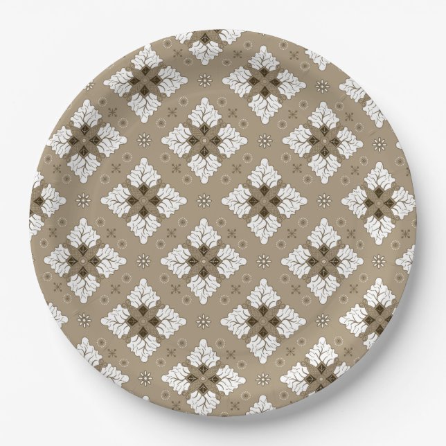 Beige ethnic damask batik seamless pattern paper plate (Front)