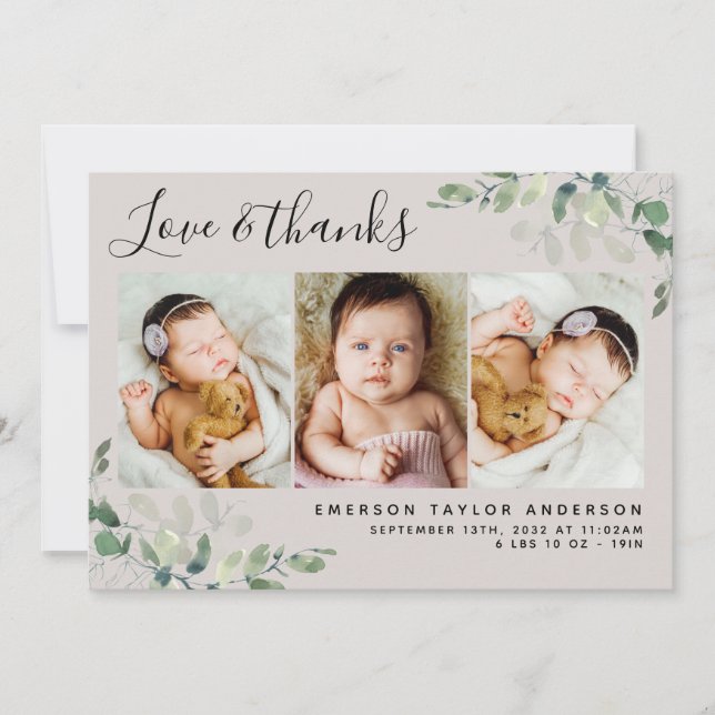 Beige Eucalyptus 3 Photo Baby Birth Stats  Thank You Card (Front)