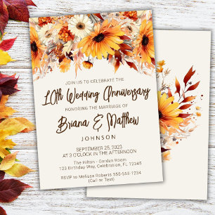 Beige Fall Floral 10th Wedding Anniversary Invitation