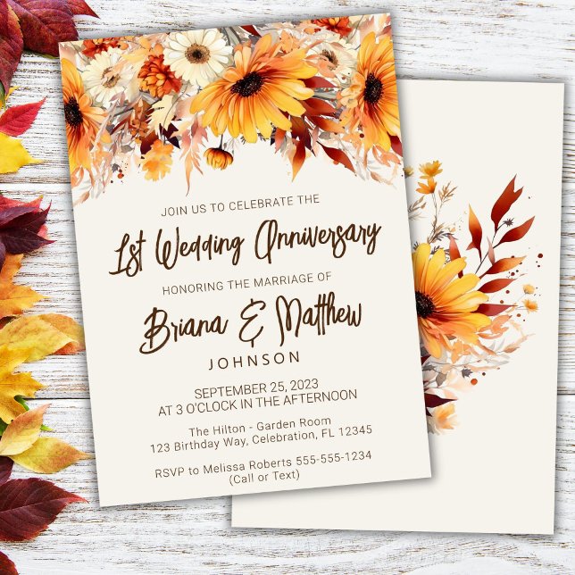 Beige Fall Floral 1st Wedding Anniversary  Invitation (Creator Uploaded)