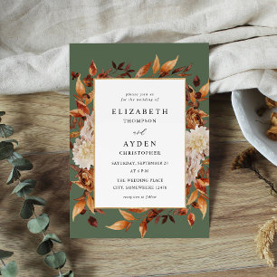 Beige Fall Floral 2 Wedding - Green Invitation
