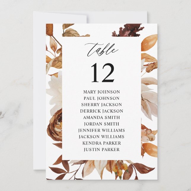 Beige Fall Floral Table Number Seating Chart (Front)