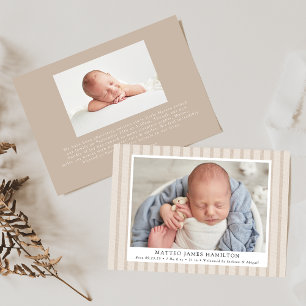 Beige Farmhouse Linen Stripes 2 Photo Birth Announcement