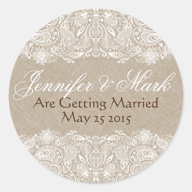 Beige Faux Linen Burlap & White Paisley Lace Classic Round Sticker (Front)