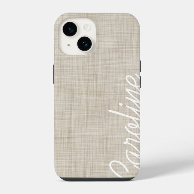 Beige Faux Linen Texture Custom Monogram iPhone Case (Back)
