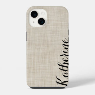 Beige Faux Linen Texture Custom Monogram iPhone Case