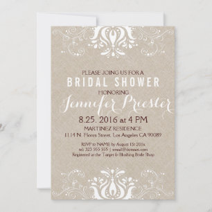 Beige Faux Linen White Lace Bridal Shower Invite