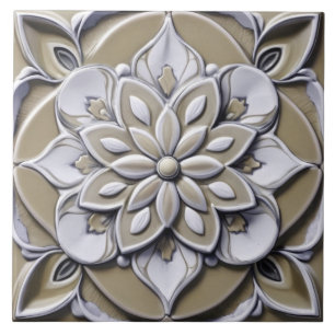 Beige Faux Relief Symmetrical Floral Flower Ceramic Tile