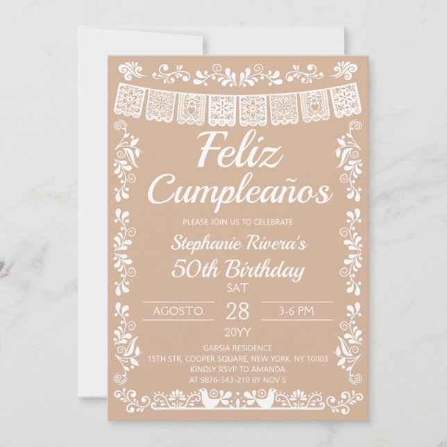 Beige Feliz Cumpleaños 50th Birthday Invitation (Front)