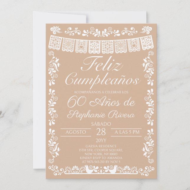 Beige Feliz Cumpleaños 60th Birthday Invitation (Front)
