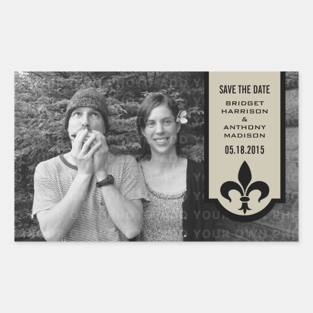 Beige Fleur De Lis Banner Save the Date Stickers (Front)
