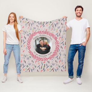 Beige Floral AWESOME MOM with PHOTO Mother's Day Fleece Blanket