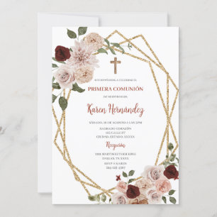 Beige Floral Baptism Spanish Invitation