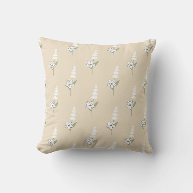 Beige Floral Bohemian Botanical Pattern Cushion (Front)
