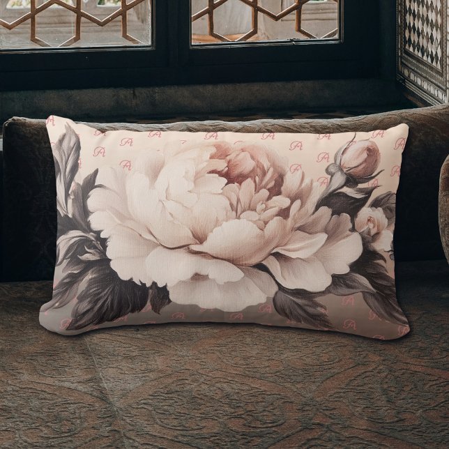 Beige Floral Boho Monogram Lumbar Throw Pillow (Cream beige long floral lumbar pillow on a couch.)