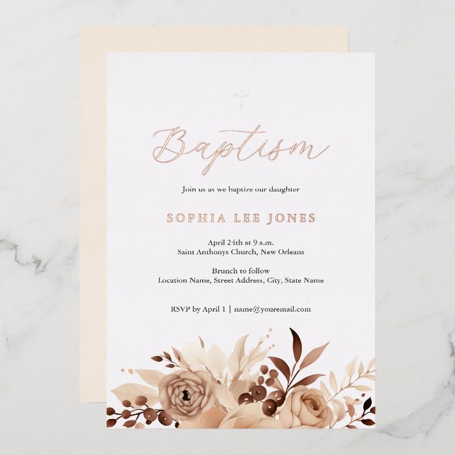 Beige Floral Boho Watercolor Baptism Foil (Front/Back)