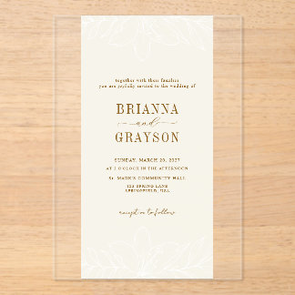 Beige Floral Elegant Minimalist Photo Back Wedding Acrylic Invitations