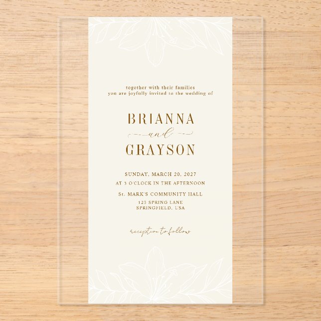 Beige Floral Elegant Minimalist Photo Back Wedding Acrylic Invitations (Front)