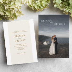 Beige Floral Elegant Minimalist Photo Back Wedding Invitation