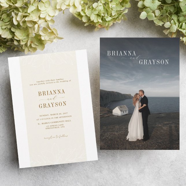 Beige Floral Elegant Minimalist Photo Back Wedding Invitation (Creator Uploaded)
