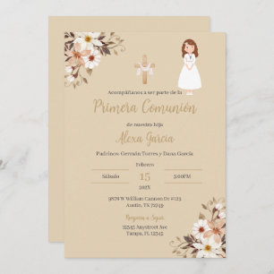 Beige floral First Communion Invitation