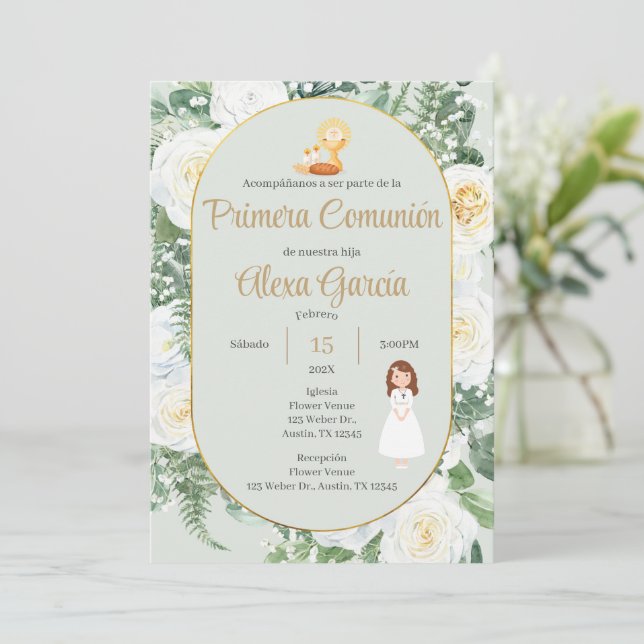 Beige floral First Communion Invitation (Standing Front)
