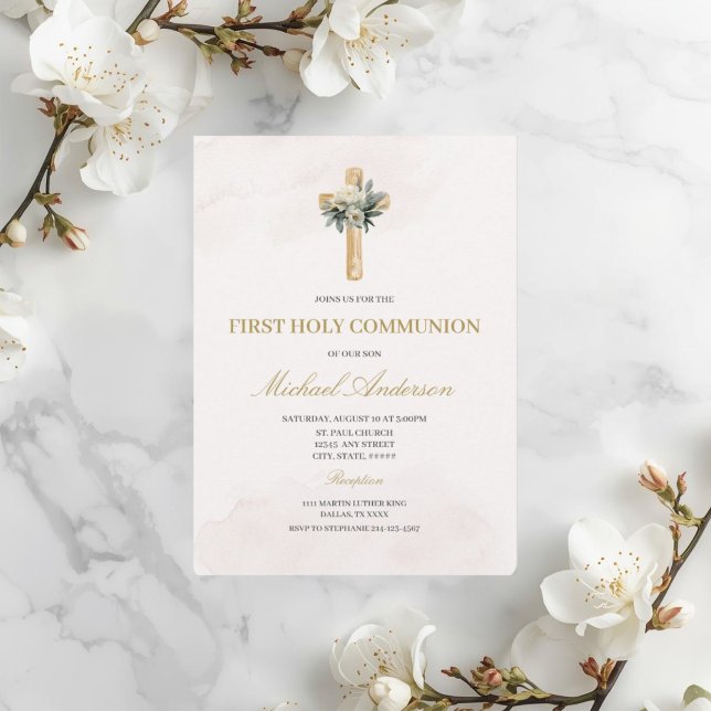 Beige Floral First Communion Invitation (Creator Uploaded)