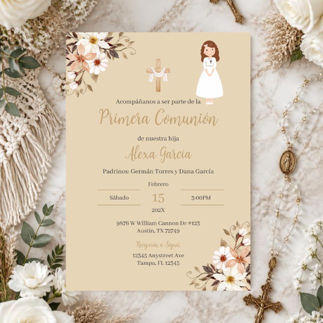 Beige floral First Communion Invitation (Creator Uploaded)