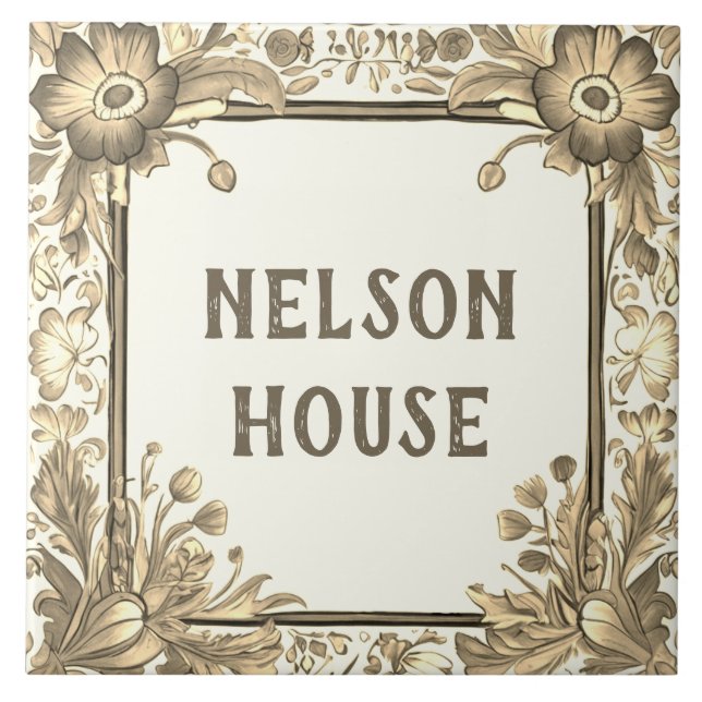 Beige Floral Flowers Custom House Name Plate Sign Ceramic Tile (Front)